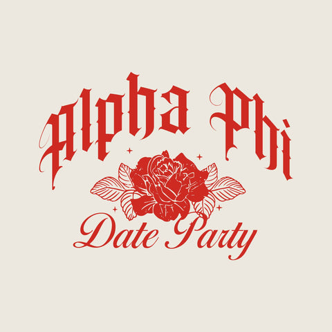 alpha phi date party in red with a rose illustration