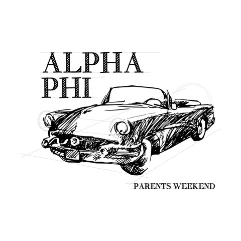 Sketch drawing of a classic car featuring alpha phi parents weekend