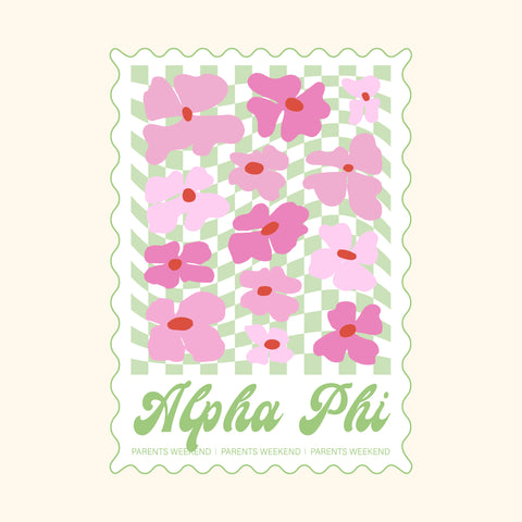 alpha phi parents weekend design with green checkerboard background and pink flowers