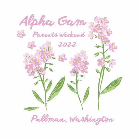 pink forget-me-not flowers with Alpha Gam parents weekend in script text