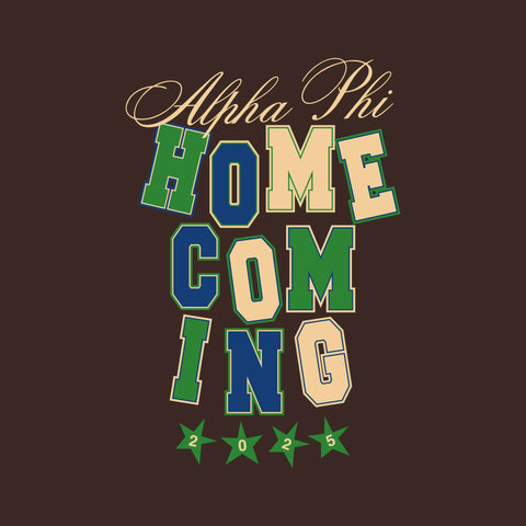 Alpha Phi Homecoming design with green navy cream collegiate letters scattered on a brown background