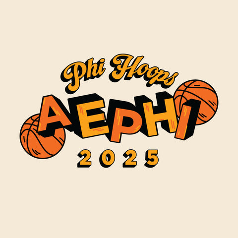 Phi Hoops AEPHI 2025 orange graphic with basketballs