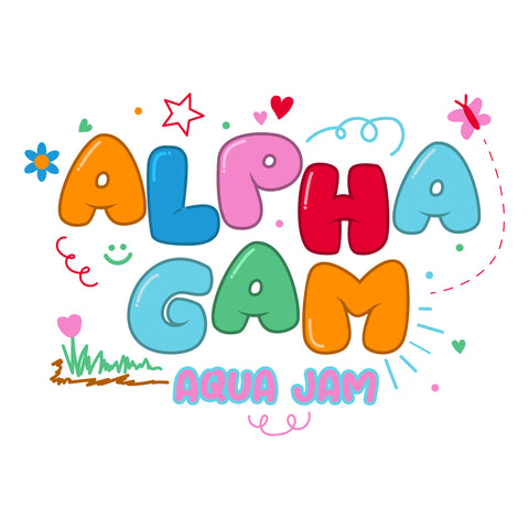 balloon letters showing "alpha gam aqua jam" sorority even in bright colors