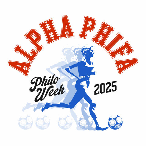 alpha phifa in red with running track girl and the text "philo week 2025"
