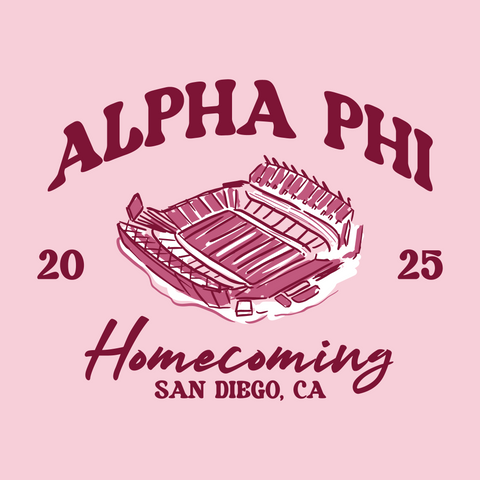 pink alpha phi homecoming graphic featuring a san diego football stadium drawing