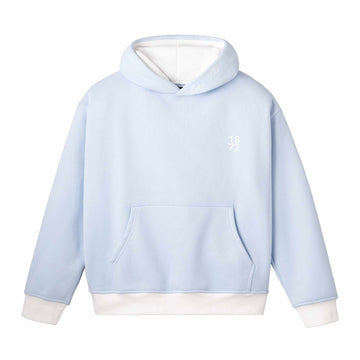 Light blue hoodie with white trim on a white background