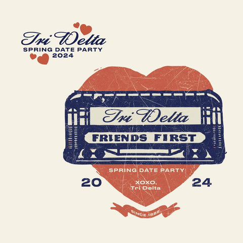 distressed screen print of a heart with a script design for tri delta spring date party