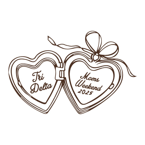 heart shaped locket with "tri delta moms weekend 2025" written in script inside