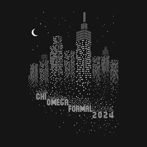 Chi omega formal design with a skyline made out of individual white dots on a black background