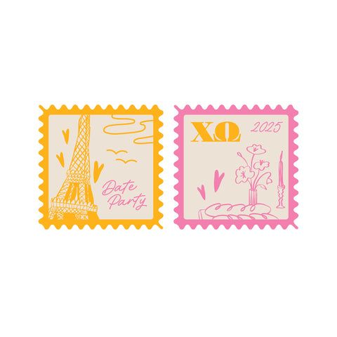 pink and yellow stamps with eiffel tower date party design