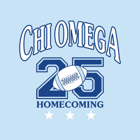Chi Omega Homecoming design with a football graphic over "25" and light blue background
