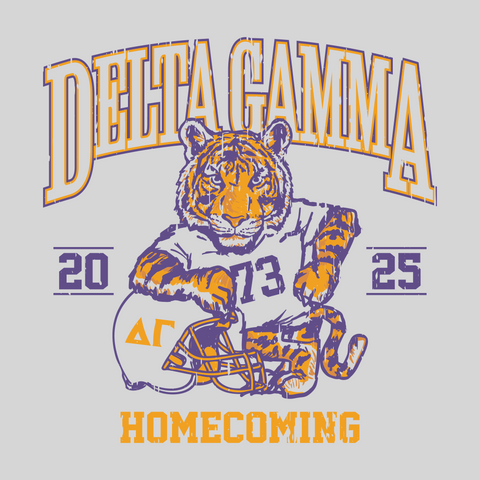 delta gamma homecoming graphic in purple and gold featuring a tiger mascot