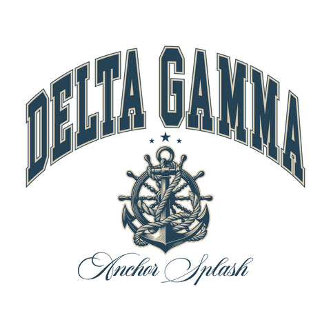 collegiate "delta gamma" in arched text over a ship wheel and anchor, with "anchor splash" in script text below