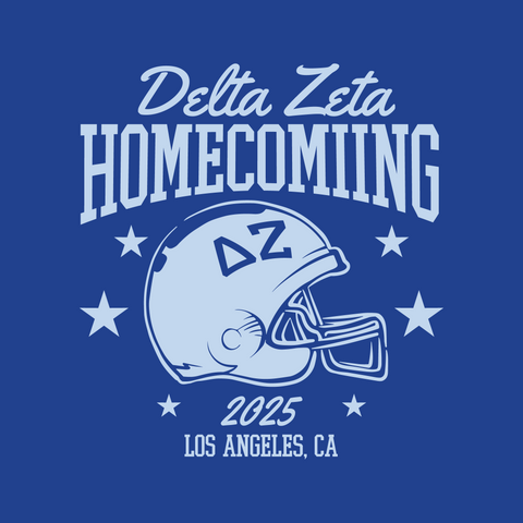 Delta Zeta sorority graphic with football helmet and a ring of stars on blue background