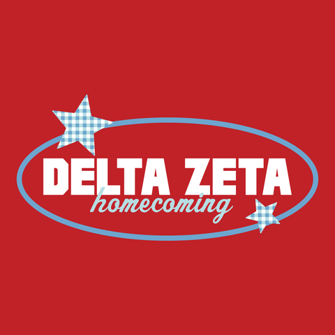 Delta Zeta Homecoming design with light blue gingham stars on a red background
