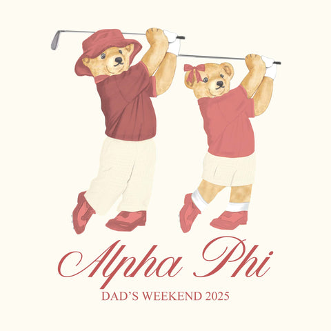 2 teddy bears playing golf in red outfits with "alpha phi dad's weekend" in script