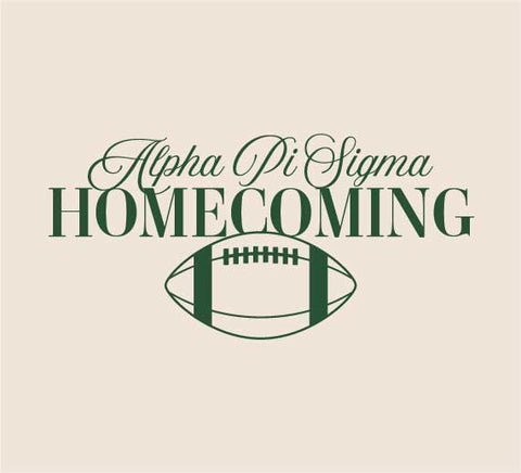 Alpha pi sigma homecoming graphic with a football, green on off white background