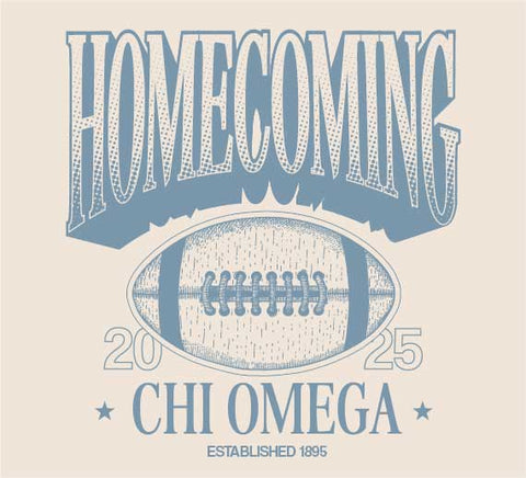 Retro Chi Omega Homecoming design with hand-drawn football and large text on cream background