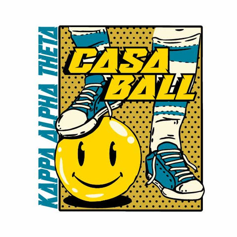 Soccer player holding a smiley face ball with his foot for Kappa Alpha Theta sorority