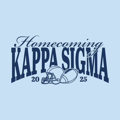 navy blue kappa sigma in collegiate font with homecoming in script font and a football helmet and ball on a light blue background