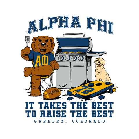 alpha phi design with a bear grilling burgers next to a cornhole game setup and a dog