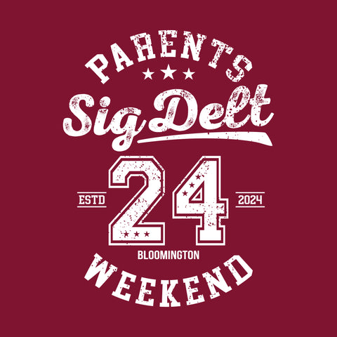 maroon background with white sporty text showing sig delt parents weekend 2024
