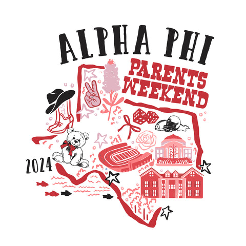 drawing of texas with icons representing alpha phi parents weekend in red and pink