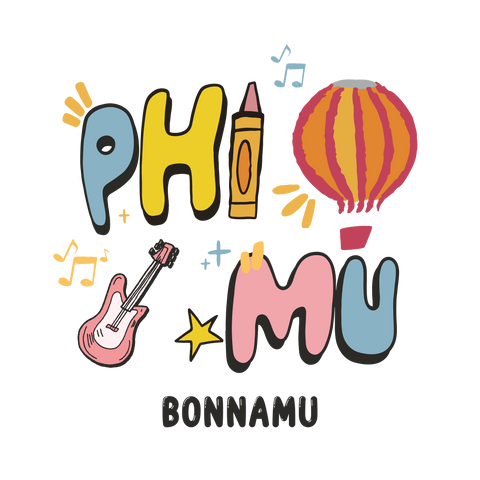 colorful doodle with a hot air balloon, crayon, and guitar saying "phi mu bonnamu"