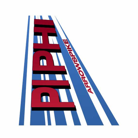 Red text with blue stripes saying "pi phi arrowspike"