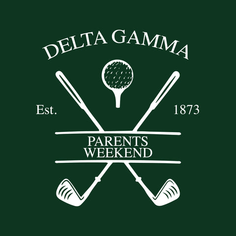 green background delta gamma parents weekend design featuring crossed golf clubs