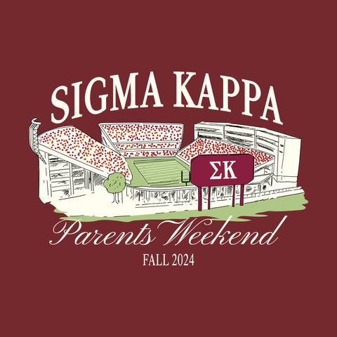 maroon background with a college stadium drawing for sigma kappa sorority