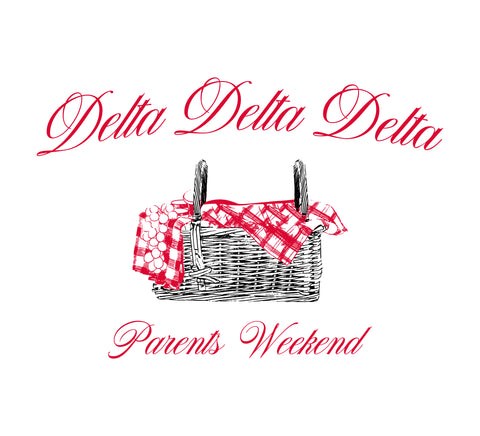 picnic basket drawing with red script text for Delta Delta Delta