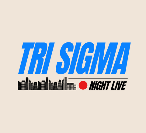 Tri Sigma Night Live philanthropy even graphic showcasing a city skyline