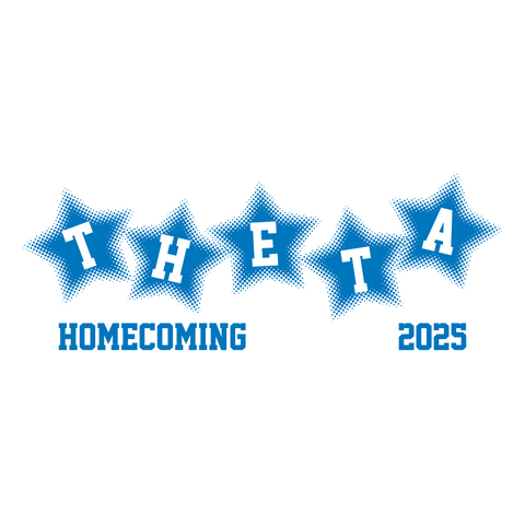 Sorority graphic for Kappa Alpha Theta featuring blue halftone stars saying "theta homecoming 2025"