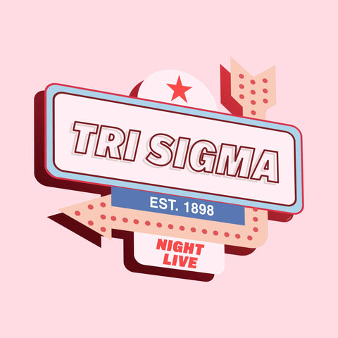 retro marquis with light up arrow advertising "tri sigma night live" philantrhopy graphic