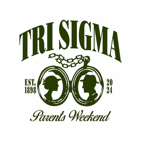 green tri sigma parents weekend graphic featuring a locket with a mom and a dad photo inside
