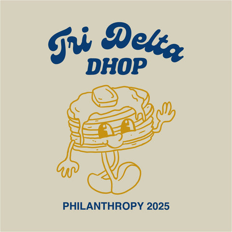 cartoon pancake stack character saying "tri delta dhop philanthropy 2025"