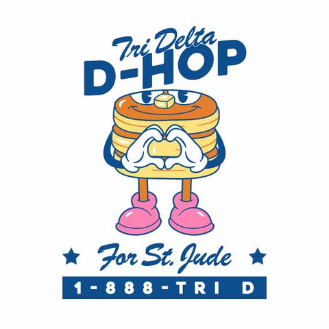 cartoon stack of pancakes character saying "tri delta d-hop for st. jude"