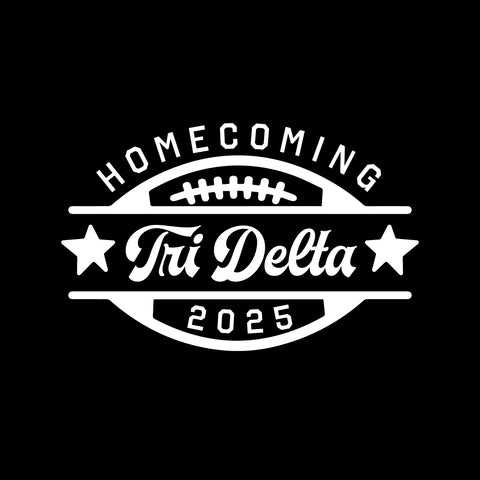 Tri Delta Homecoming 2025 football design with white ink on a black background