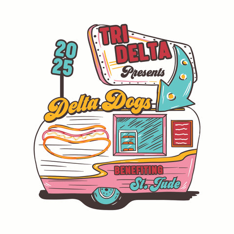 retro food truck with a sign featuring "tri delta presents delta dogs benefiting st. jude"