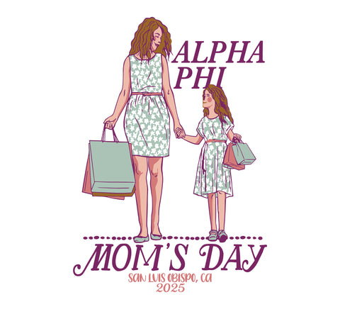 A mom and a daughter holding shopping bags saying "alpha phi mom's day"