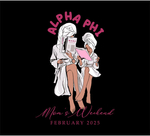 A mom and a daughter in bathrobes reading magazines featuring "alpha phi mom's weekend" in pink text