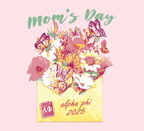 a yellow envelope with flowers and butterflies coming out saying "mom's day alpha phi 2025"