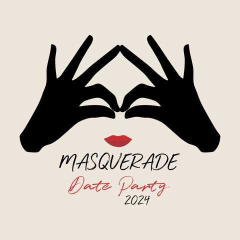 masquerade date party with two hands forming eyes above red lips