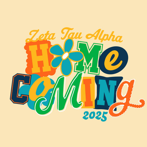 Zeta Tau Alpha Homecoming graphic with each letter a different font and a fower graphic for the o