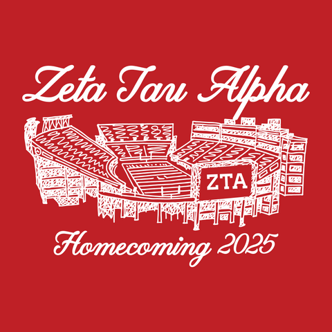 White zeta tau alpha homecoming graphic with hand drawn stadium on a red background