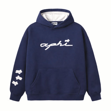 Blue hoodie with white text and designs on a white background