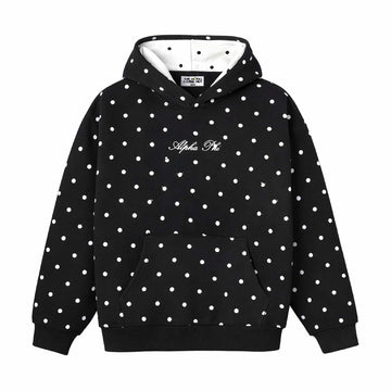 Black hoodie with white polka dots and 'Alpha Phi' text on a white background