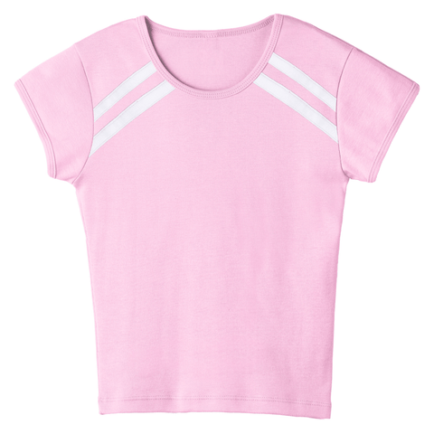 San Luis Tee, custom full-length fitted baby tee with cap sleeves and white stripes from neckline to underarms, in BB Blush color