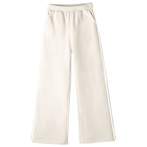 Thalia Sweats, custom fleece flare sweatpants with white side stripes, in Oat Milk Please color